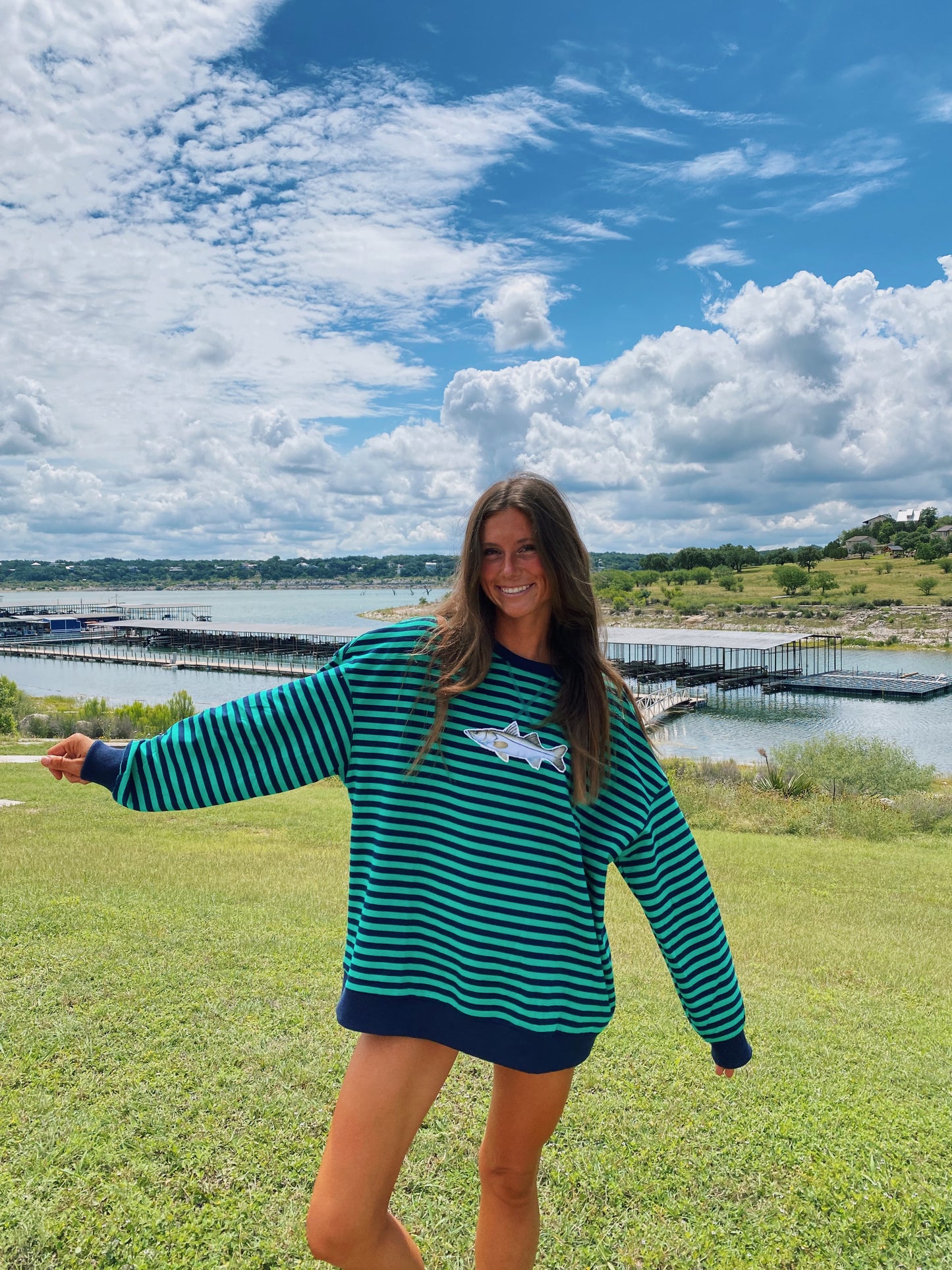 green and navy stripe snook crew