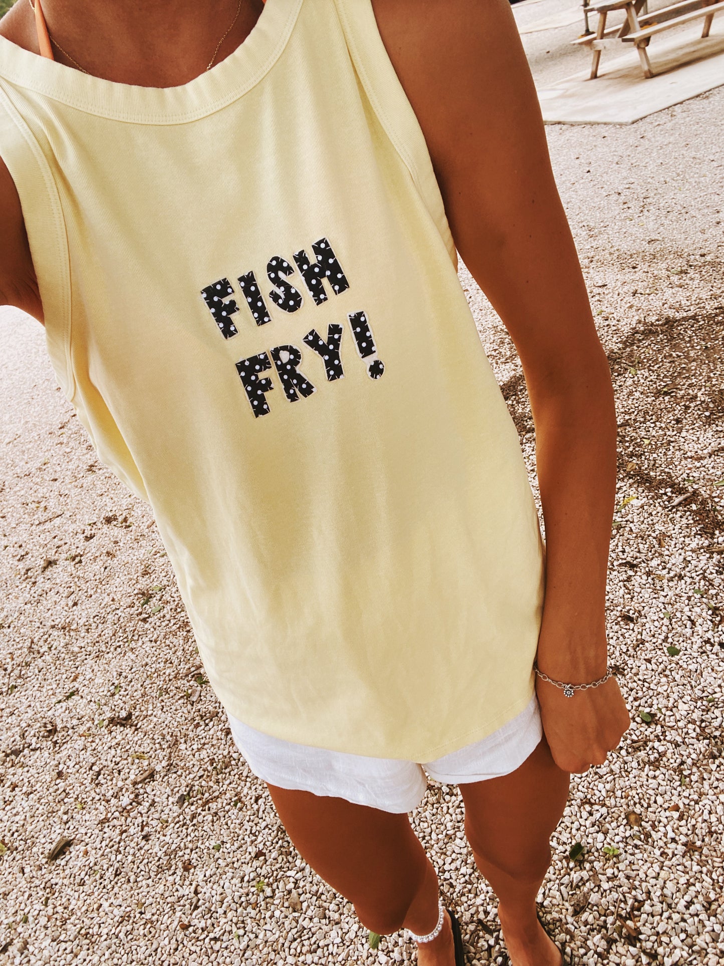 Fish fry polkadot tank in butter yellow