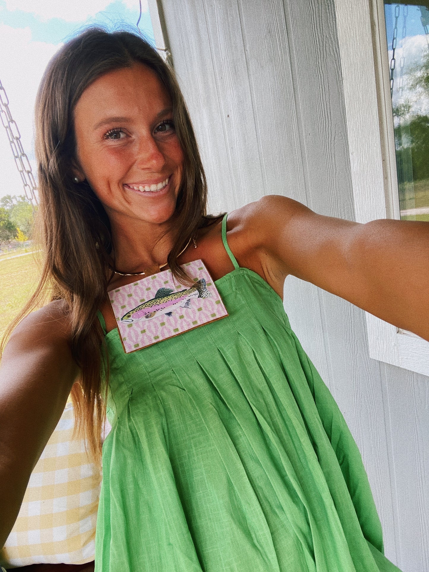 Pink and green trout stamp necklace