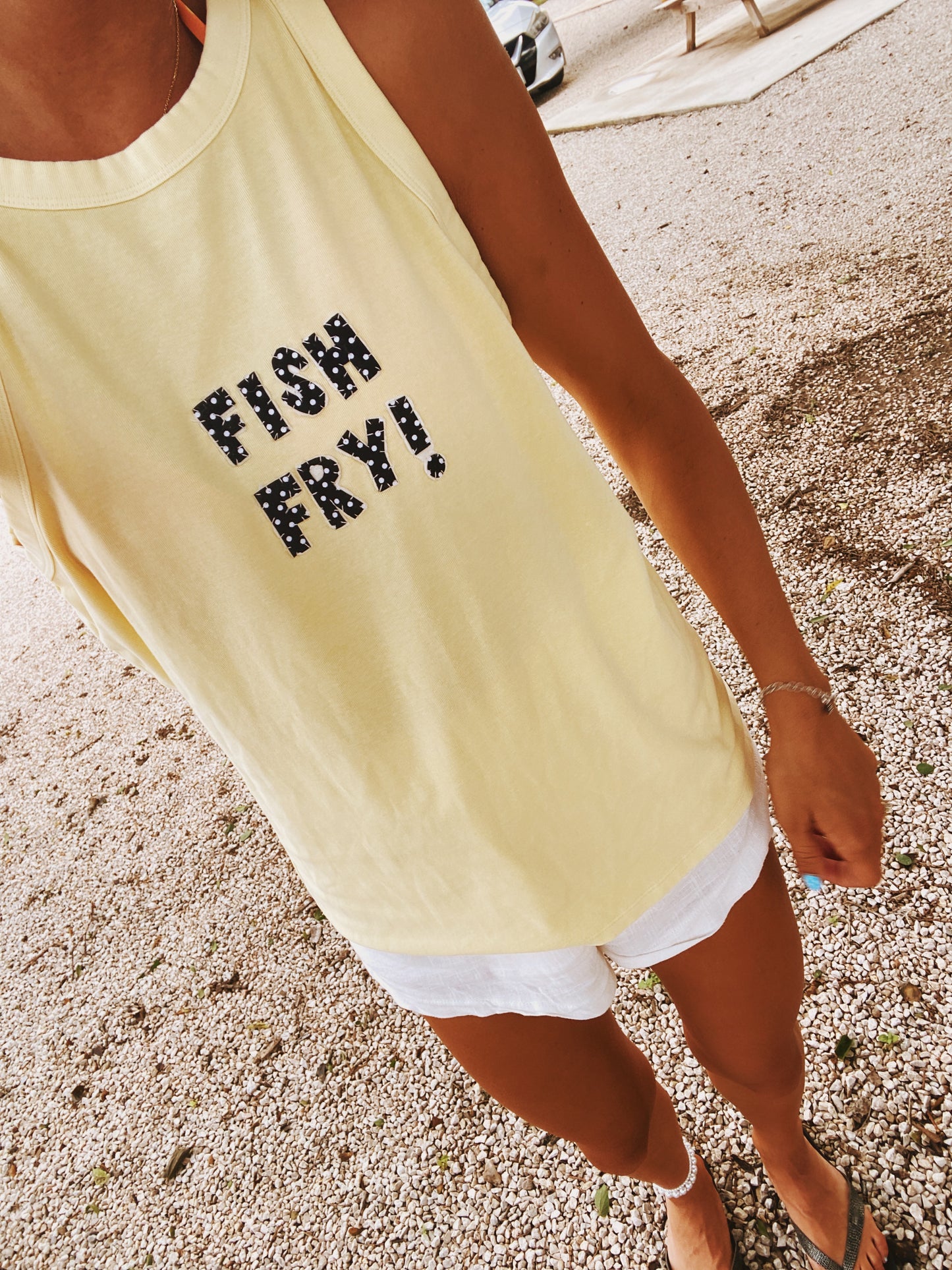 Fish fry polkadot tank in butter yellow