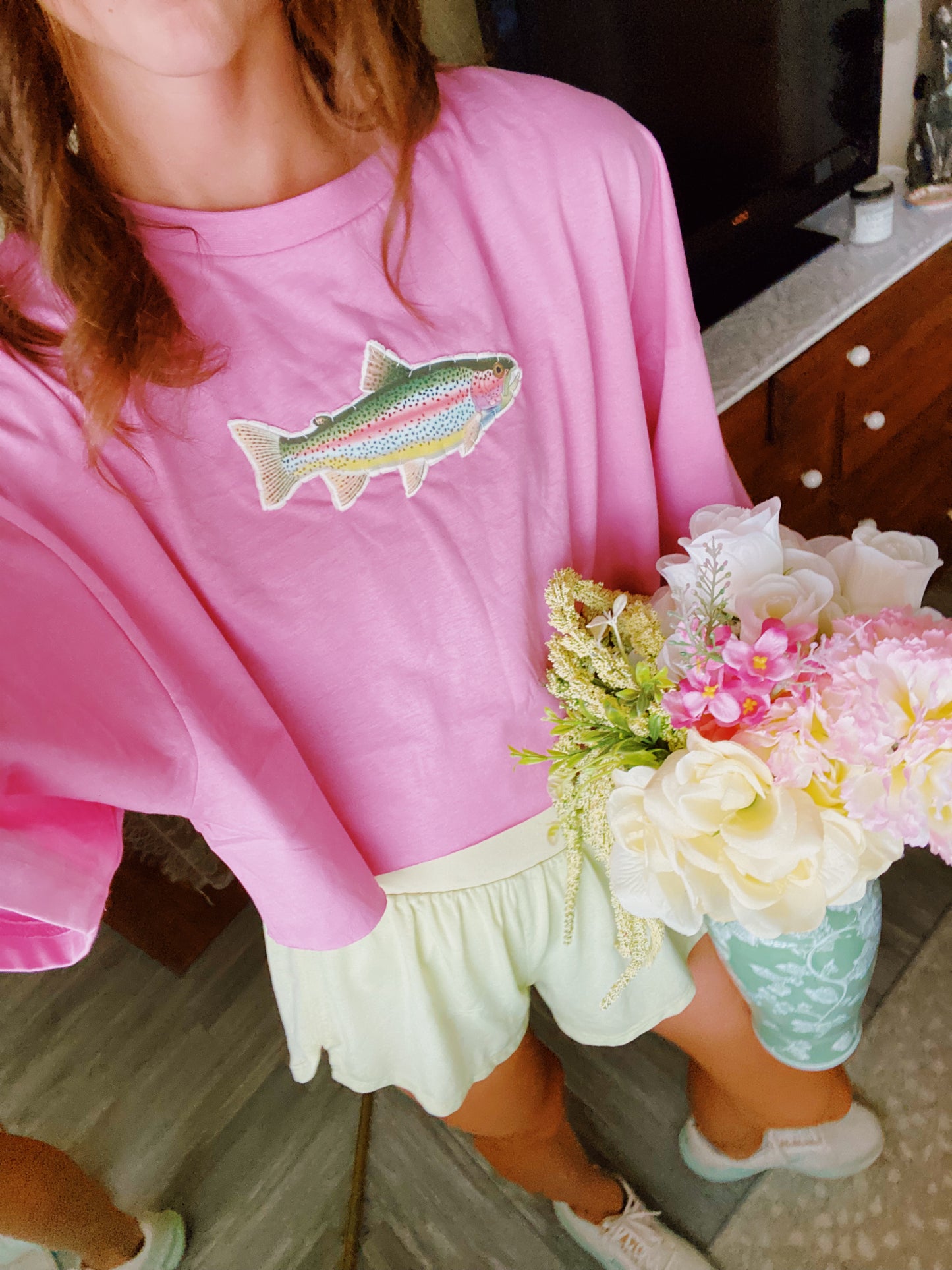 Pink boxy trout tee