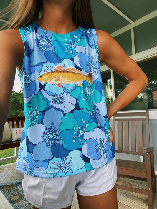 tropical print redfish tank