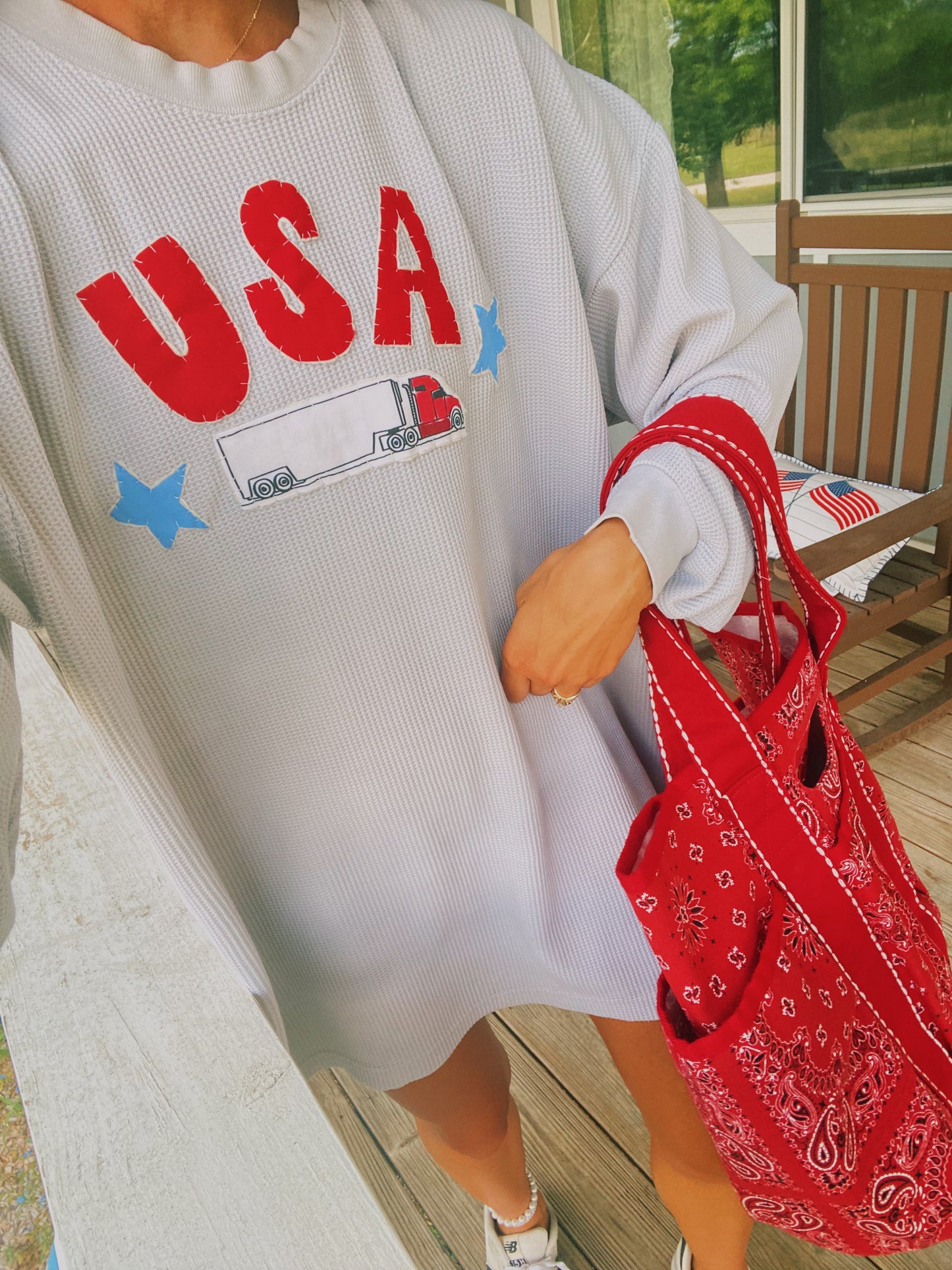 USA trucker waffle knit crew