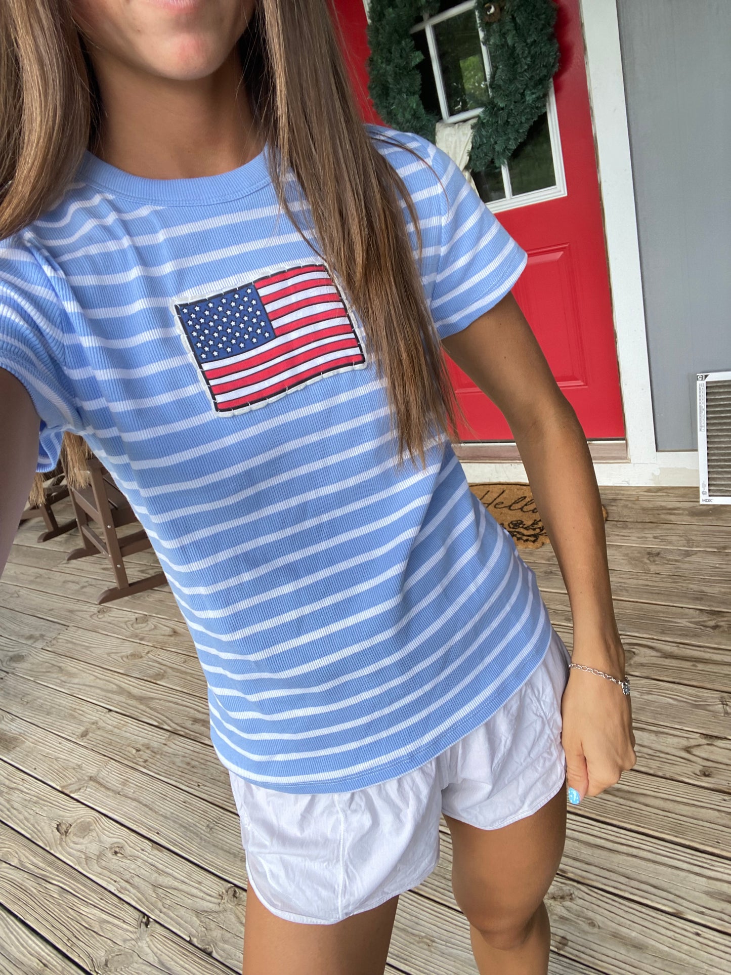 Baby blue stripe flag tee