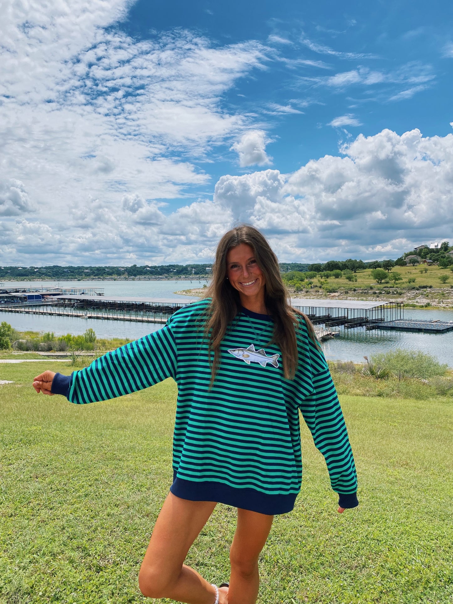 green and navy stripe snook crew