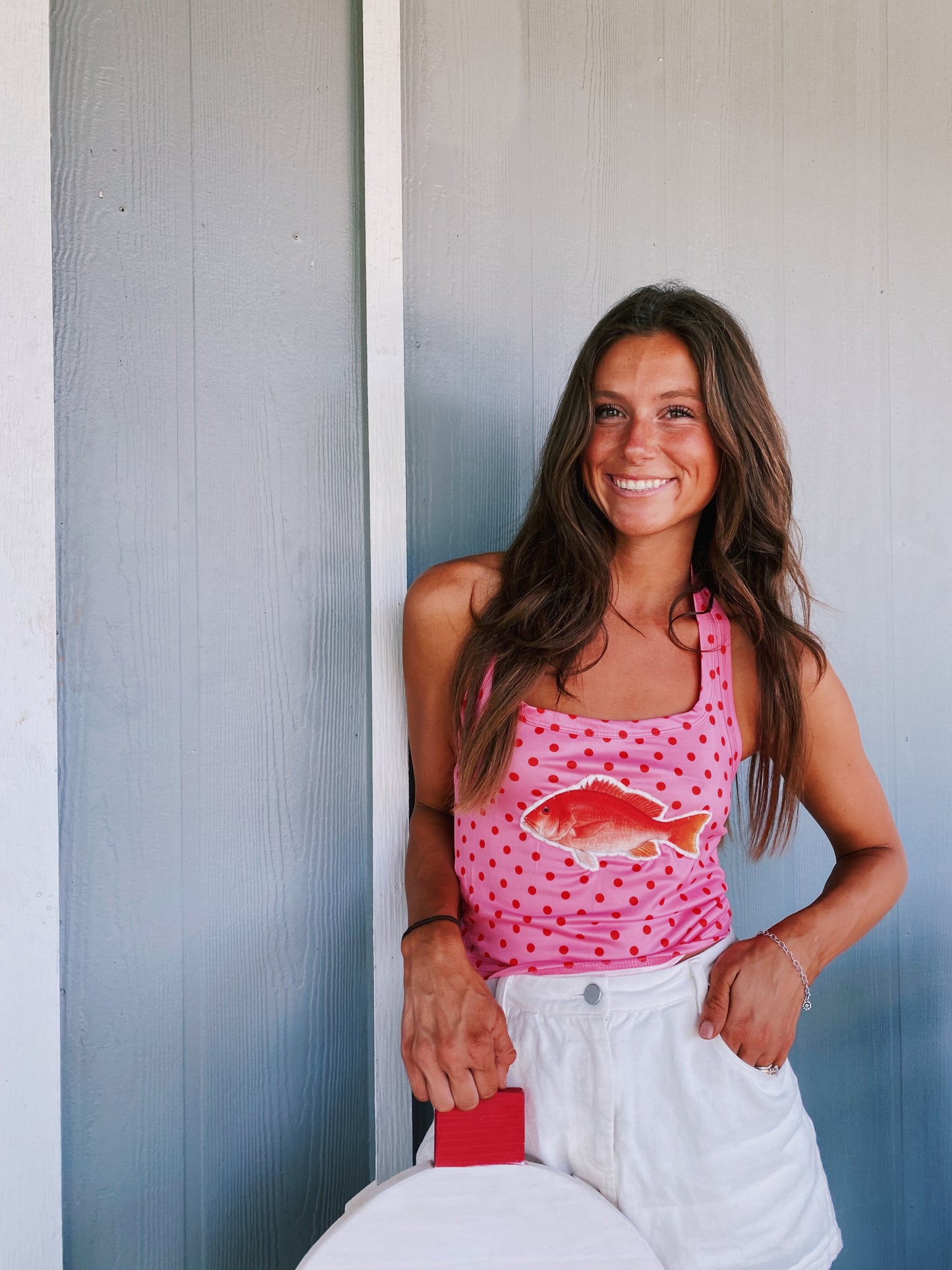 Pink polkadot snapper halter tank