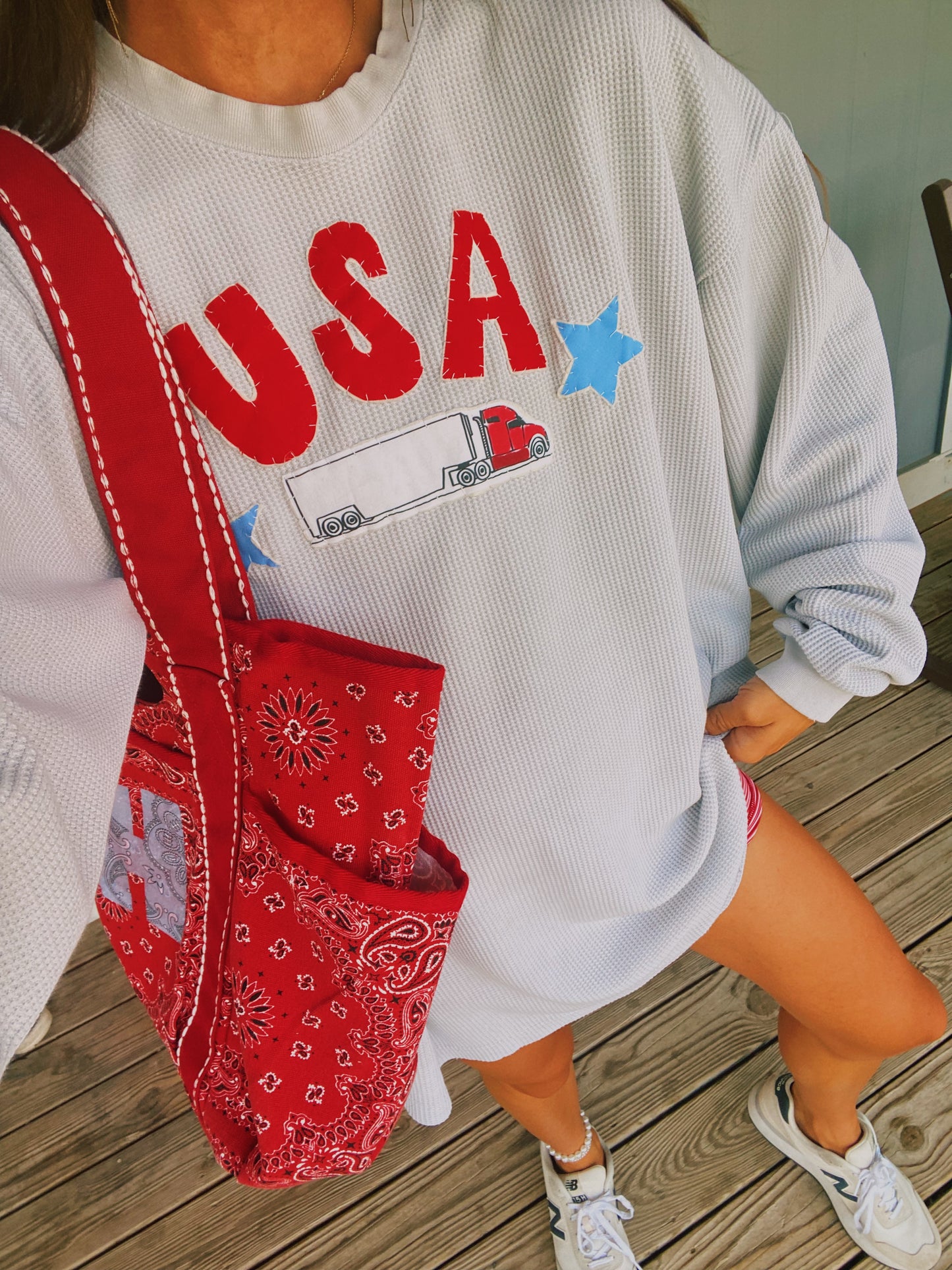 USA trucker waffle knit crew