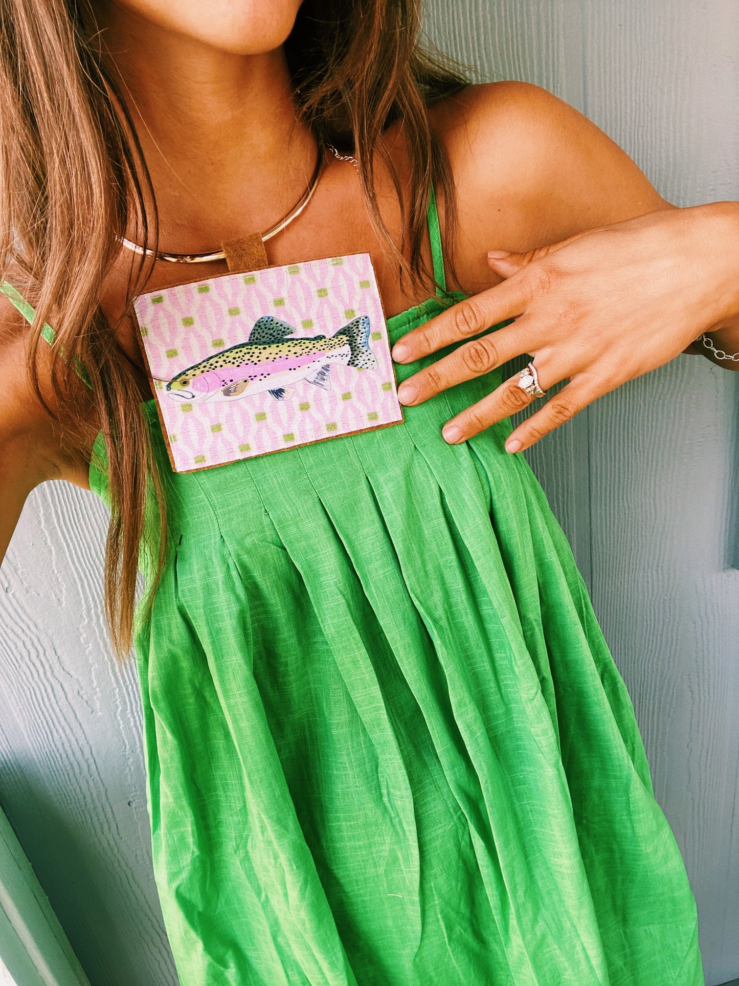 Pink and green trout stamp necklace