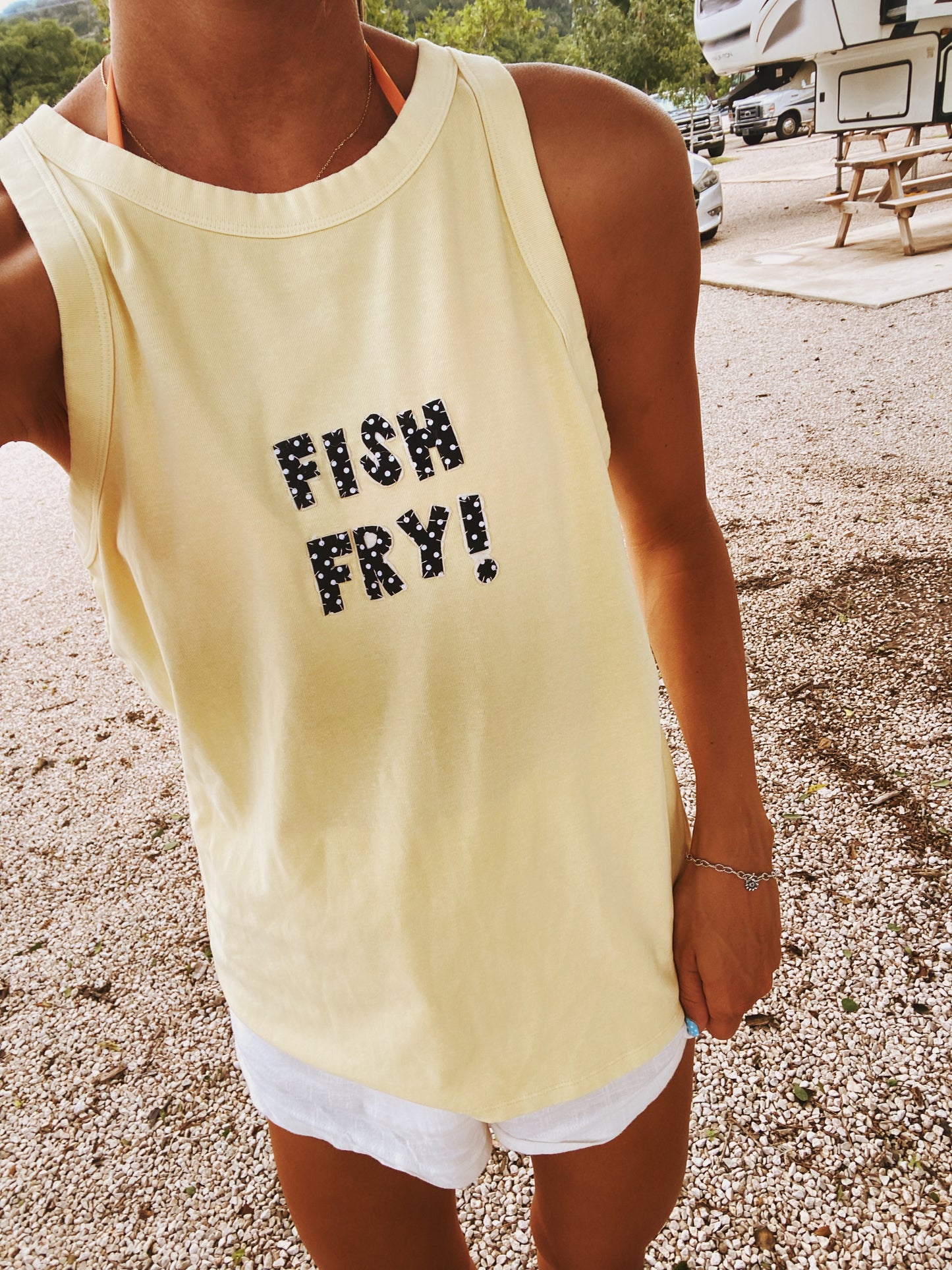 Fish fry polkadot tank in butter yellow
