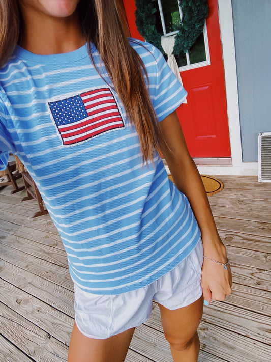Baby blue stripe flag tee