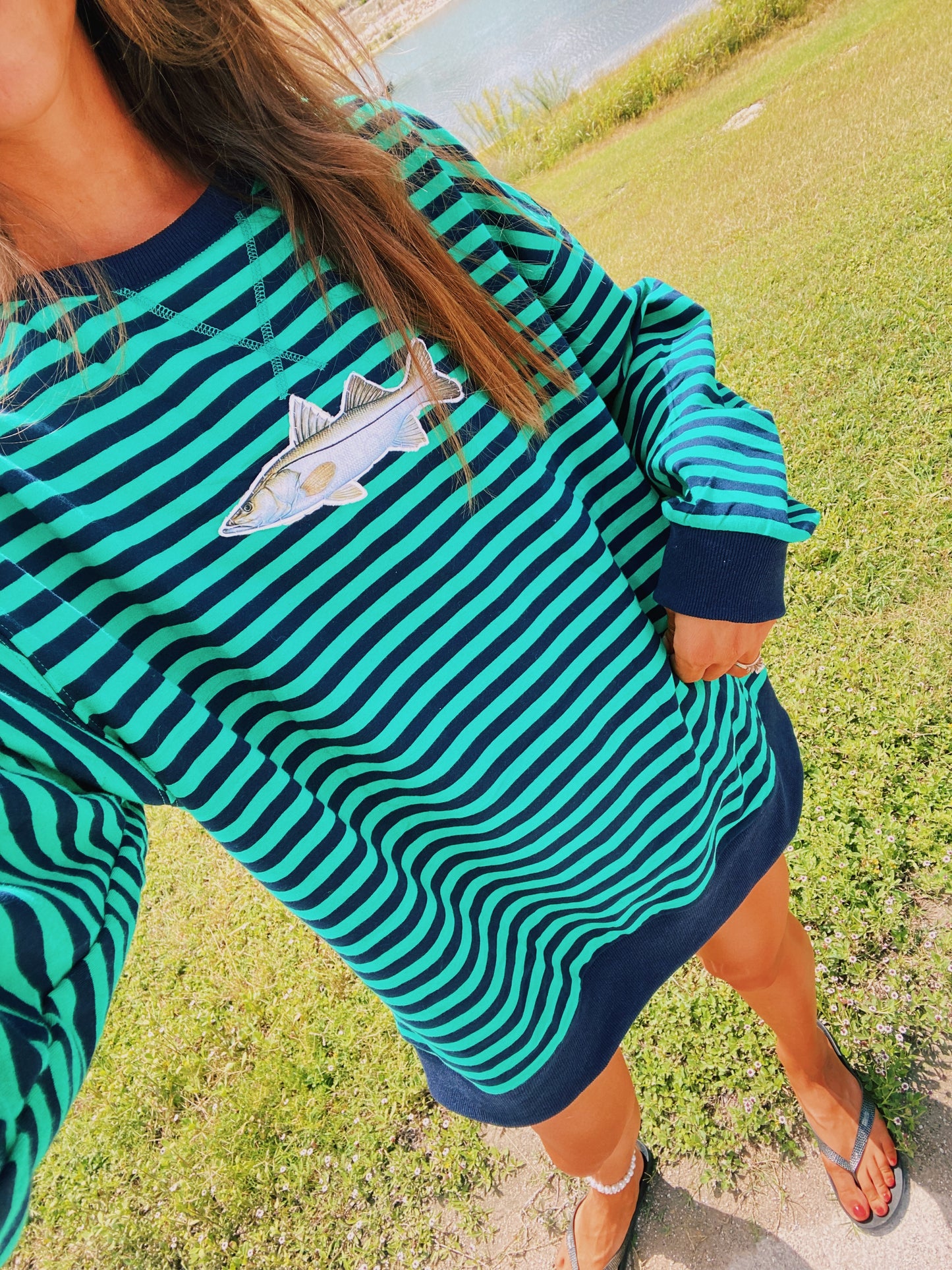 green and navy stripe snook crew