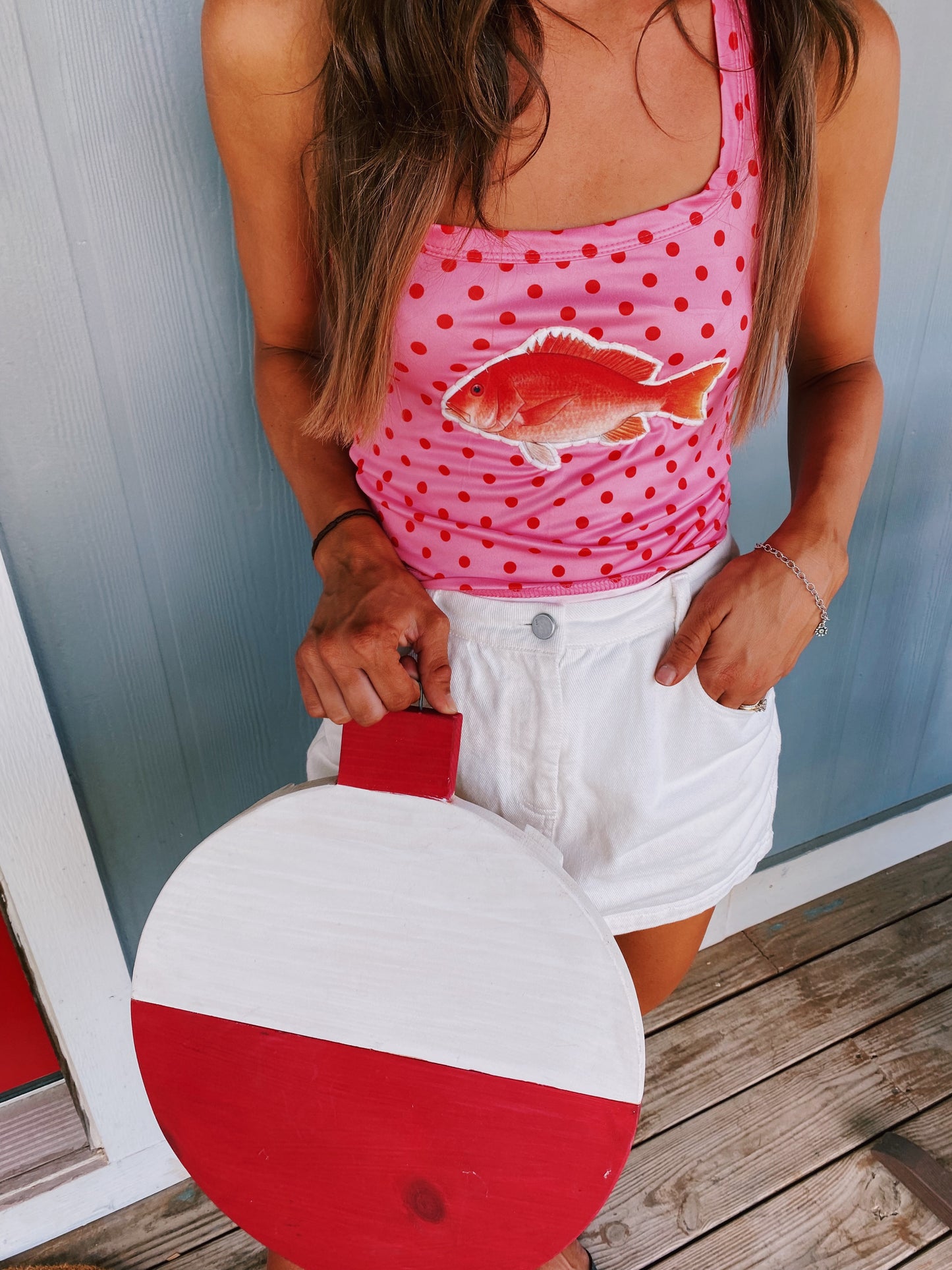 Pink polkadot snapper halter tank